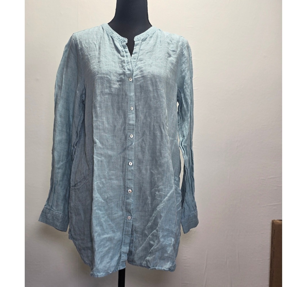Sigrid Olsen Womens Linen Tunic Size Medium Blue Green Button Front Lightweight